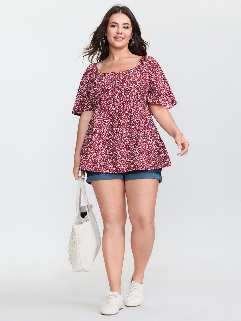 BloomChic Crimson Floral Square-Neck Peplum Blouse